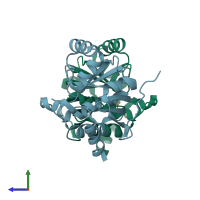 PDB entry 7gzj coloured by chain, side view.