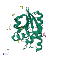 Monomeric assembly 1 of PDB entry 7h71 coloured by chemically distinct molecules, side view.