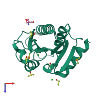 Monomeric assembly 1 of PDB entry 7h71 coloured by chemically distinct molecules, top view.