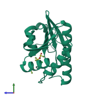 Monomeric assembly 2 of PDB entry 7h71 coloured by chemically distinct molecules, side view.