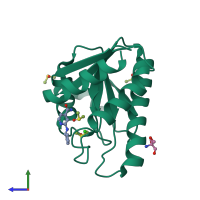 Monomeric assembly 4 of PDB entry 7h71 coloured by chemically distinct molecules, side view.