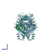 PDB entry 7jom coloured by chain, side view.