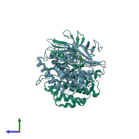 PDB entry 7jxy coloured by chain, side view.