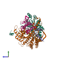 PDB entry 7k0q coloured by chain, side view.