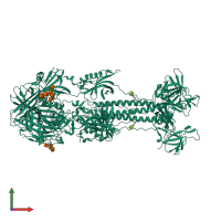 Homo trimeric assembly 1 of PDB entry 7k1s coloured by chemically distinct molecules, front view.