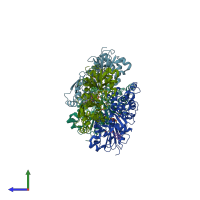 PDB entry 7k21 coloured by chain, side view.