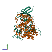 PDB entry 7kjs coloured by chain, side view.