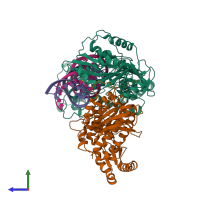 PDB entry 7kjx coloured by chain, side view.