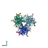 PDB entry 7kna coloured by chain, side view.