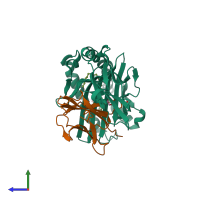 PDB entry 7kp0 coloured by chain, side view.