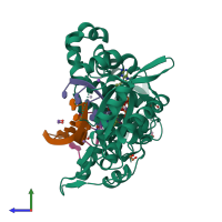 PDB entry 7kt1 coloured by chain, side view.