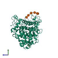 PDB entry 7kv3 coloured by chain, side view.