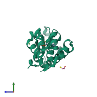 Monomeric assembly 1 of PDB entry 7l3e coloured by chemically distinct molecules, side view.