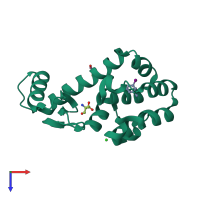 Monomeric assembly 1 of PDB entry 7l3e coloured by chemically distinct molecules, top view.