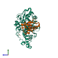 PDB entry 7l4e coloured by chain, side view.