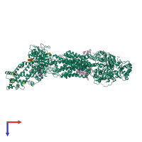 Monomeric assembly 1 of PDB entry 7lkp coloured by chemically distinct molecules, top view.