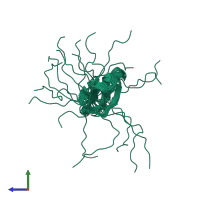 PDB entry 7luw coloured by chain, ensemble of 20 models, side view.