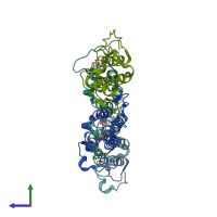 PDB entry 7lye coloured by chain, side view.