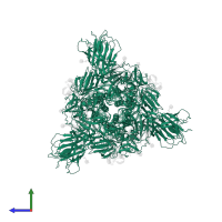 Spike glycoprotein in PDB entry 7m6e, assembly 1, side view.