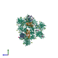 Hetero heptameric assembly 1 of PDB entry 7m6f coloured by chemically distinct molecules, side view.