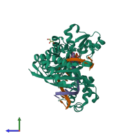 Hetero trimeric assembly 1 of PDB entry 7m8d coloured by chemically distinct molecules, side view.