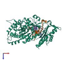 Hetero trimeric assembly 1 of PDB entry 7m8d coloured by chemically distinct molecules, top view.