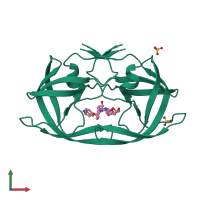 Homo dimeric assembly 1 of PDB entry 7maa coloured by chemically distinct molecules, front view.