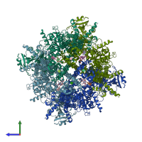 PDB entry 7mbr coloured by chain, side view.