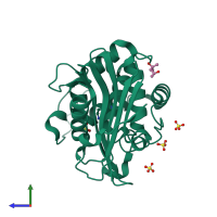 PDB entry 7me9 coloured by chain, side view.