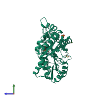 PDB entry 7mhv coloured by chain, side view.