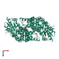 Homo dimeric assembly 1 of PDB entry 7mkv coloured by chemically distinct molecules, top view.