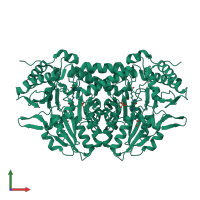 Homo dimeric assembly 2 of PDB entry 7mkv coloured by chemically distinct molecules, front view.