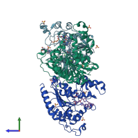 PDB entry 7moz coloured by chain, side view.