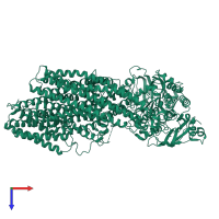 Monomeric assembly 1 of PDB entry 7mpe coloured by chemically distinct molecules, top view.