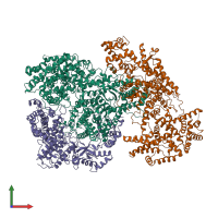 Hetero trimeric assembly 1 of PDB entry 7mrw coloured by chemically distinct molecules, front view.