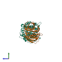 PDB entry 7mxa coloured by chain, side view.