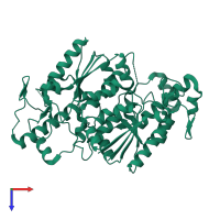 Homo dimeric assembly 1 of PDB entry 7myq coloured by chemically distinct molecules, top view.