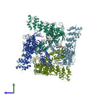 PDB entry 7mz6 coloured by chain, side view.