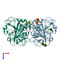 PDB entry 7nex coloured by chain, top view.