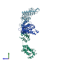 PDB entry 7no1 coloured by chain, side view.