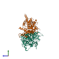 Hetero dimeric assembly 1 of PDB entry 7o2w coloured by chemically distinct molecules, side view.