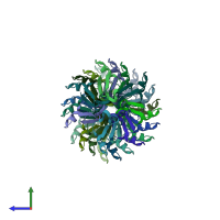 PDB entry 7oag coloured by chain, side view.