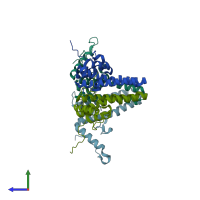 PDB entry 7ocw coloured by chain, side view.
