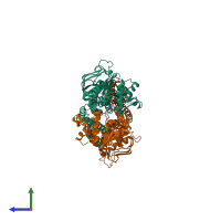 PDB entry 7ocy coloured by chain, side view.