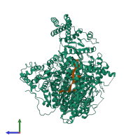 PDB entry 7oea coloured by chain, side view.