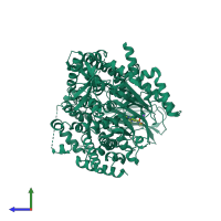 Monomeric assembly 1 of PDB entry 7oil coloured by chemically distinct molecules, side view.
