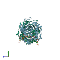 PDB entry 7ovv coloured by chain, side view.