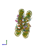 PDB entry 7pfe coloured by chain, side view.