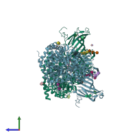 PDB entry 7pfs coloured by chain, side view.