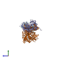 PDB entry 7pm0 coloured by chain, side view.